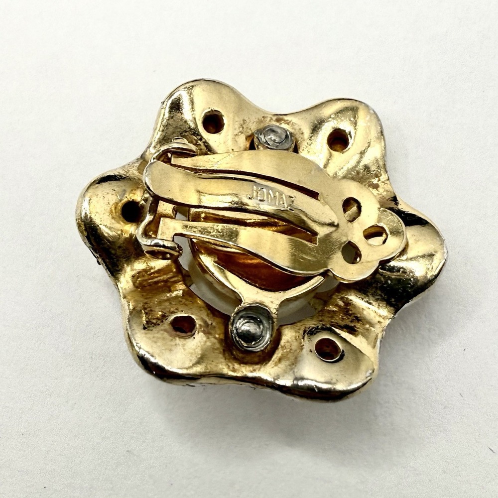 Rare Vintage Jomaz Brooch Earrings Set Gold Tone Crystal Faux Pearl Floral Clip - Picture 6 of 9